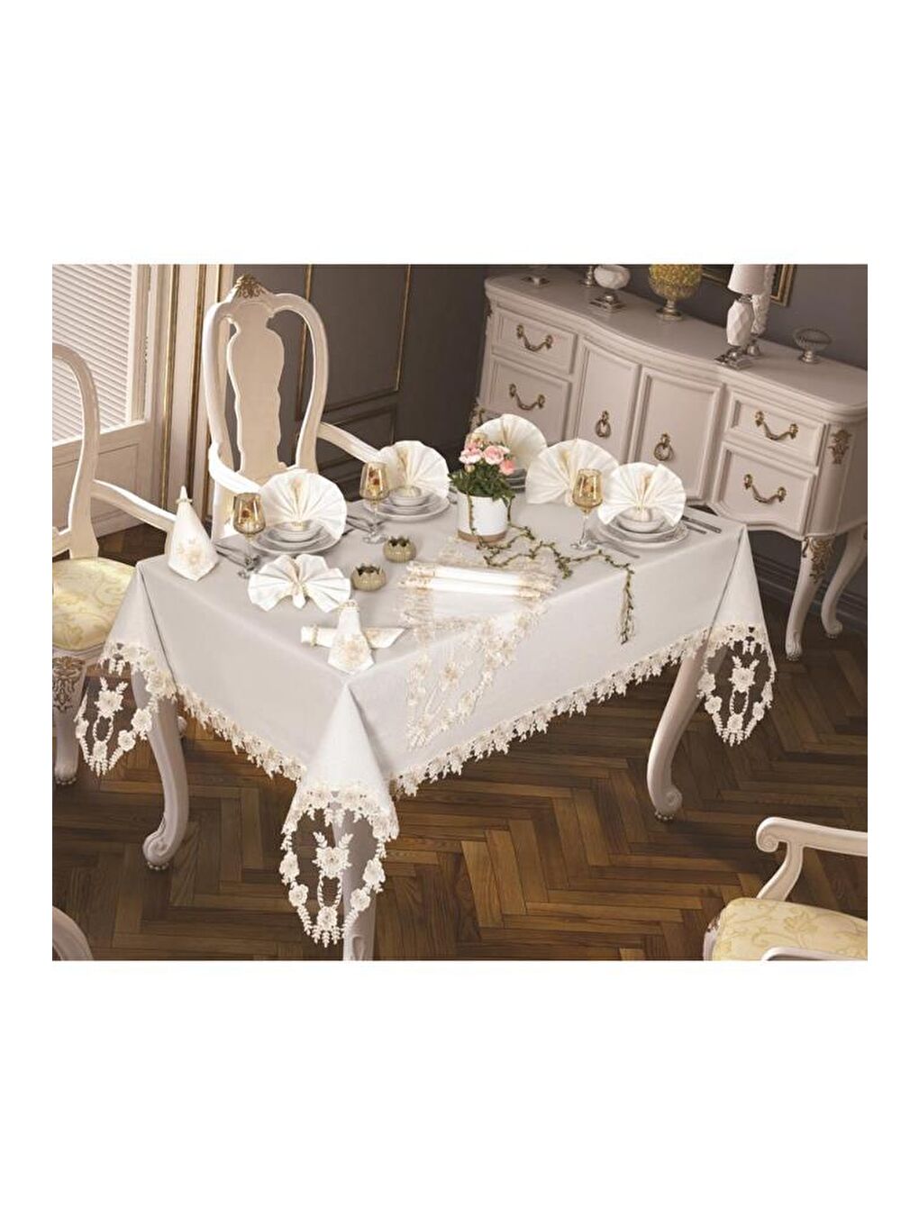 Ekru Daisy Love Masa Örtüsü 160x220 Cm 26 Parça Krem-3