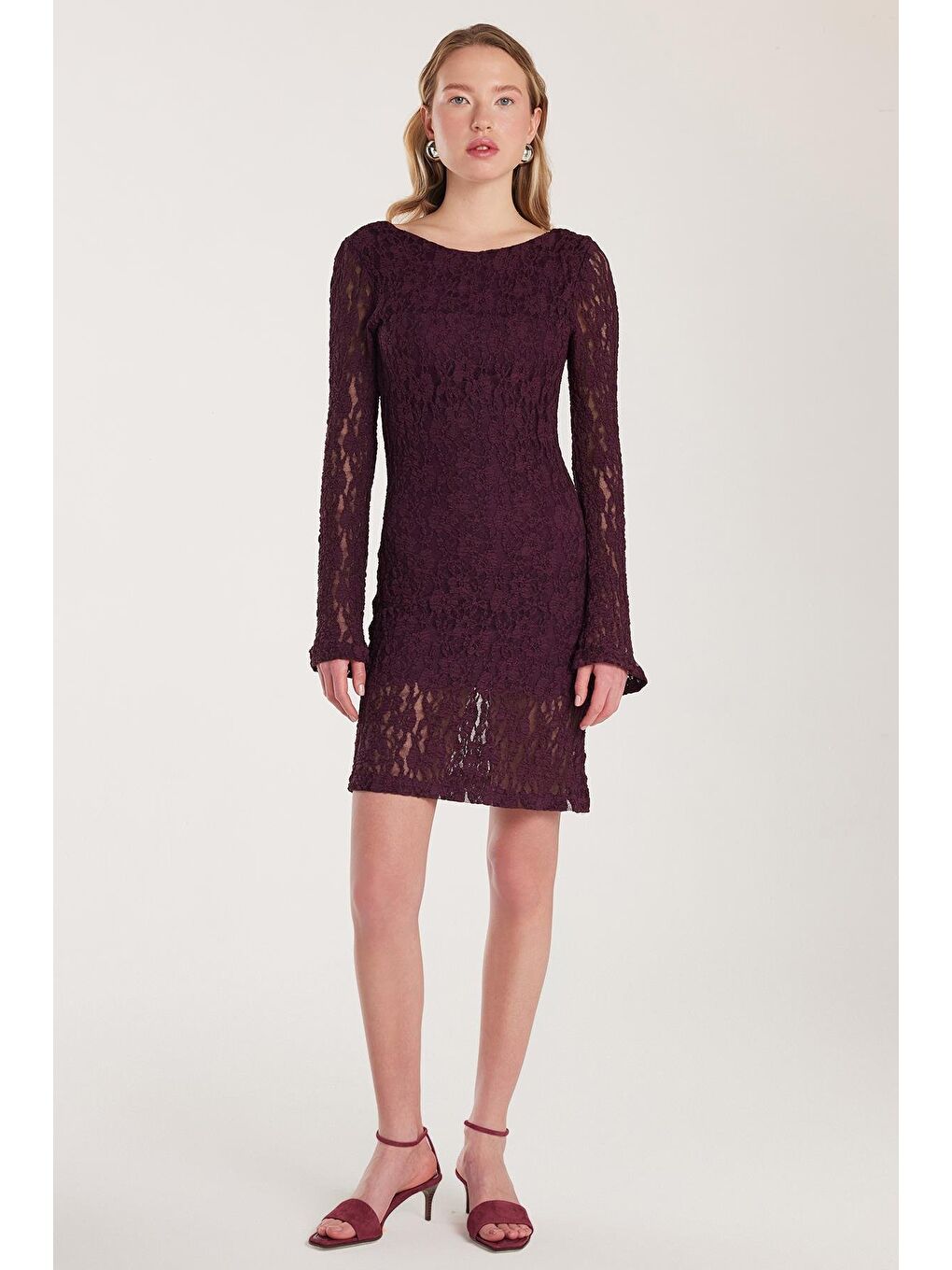 Kadın Slim Fit Dar Kesim Uzun Kollu Sırt Dekolteli Örgü Detaylı Mürdüm Elbise