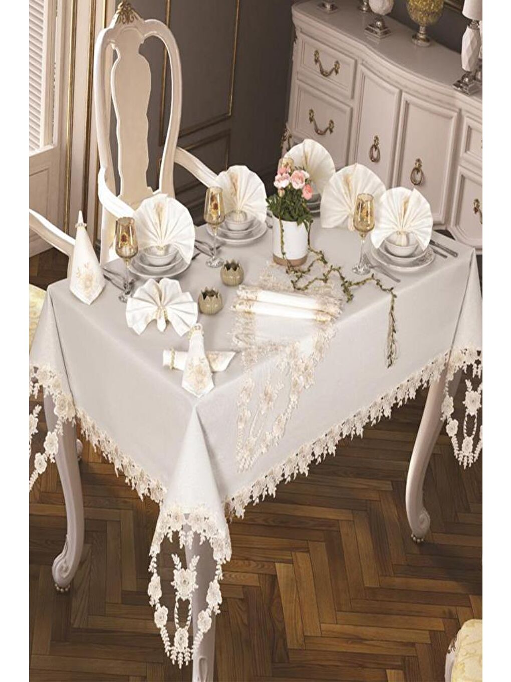 Ekru Daisy Love Masa Örtüsü 160x220 Cm 26 Parça Krem-4