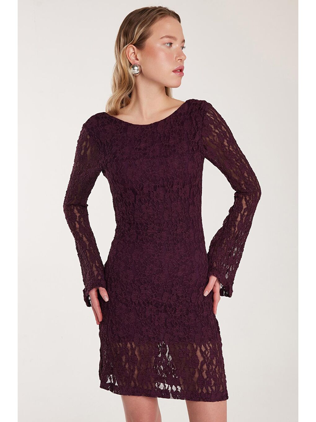 Kadın Slim Fit Dar Kesim Uzun Kollu Sırt Dekolteli Örgü Detaylı Mürdüm Elbise-1