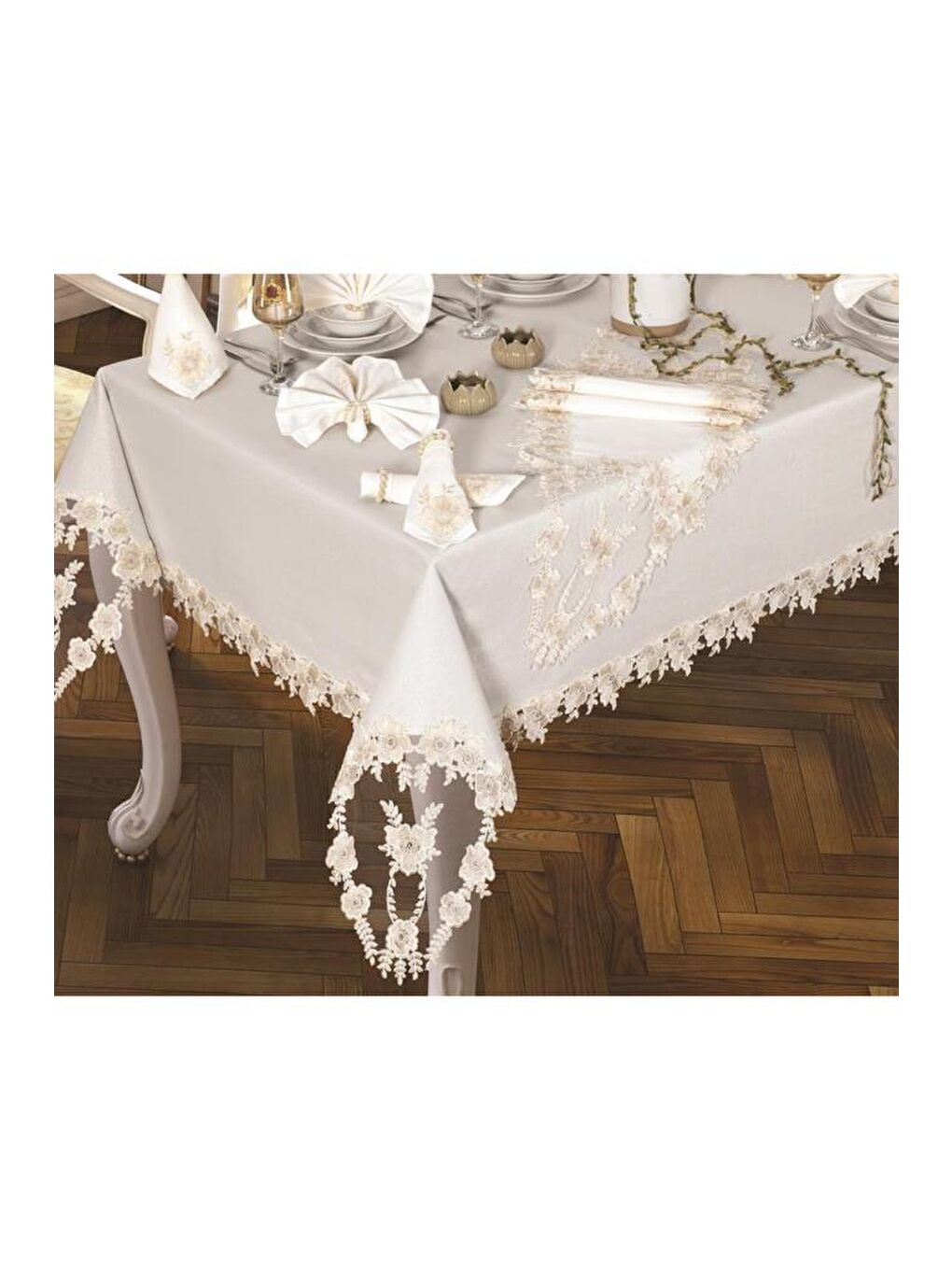 Ekru Daisy Love Masa Örtüsü 160x220 Cm 26 Parça Krem-5