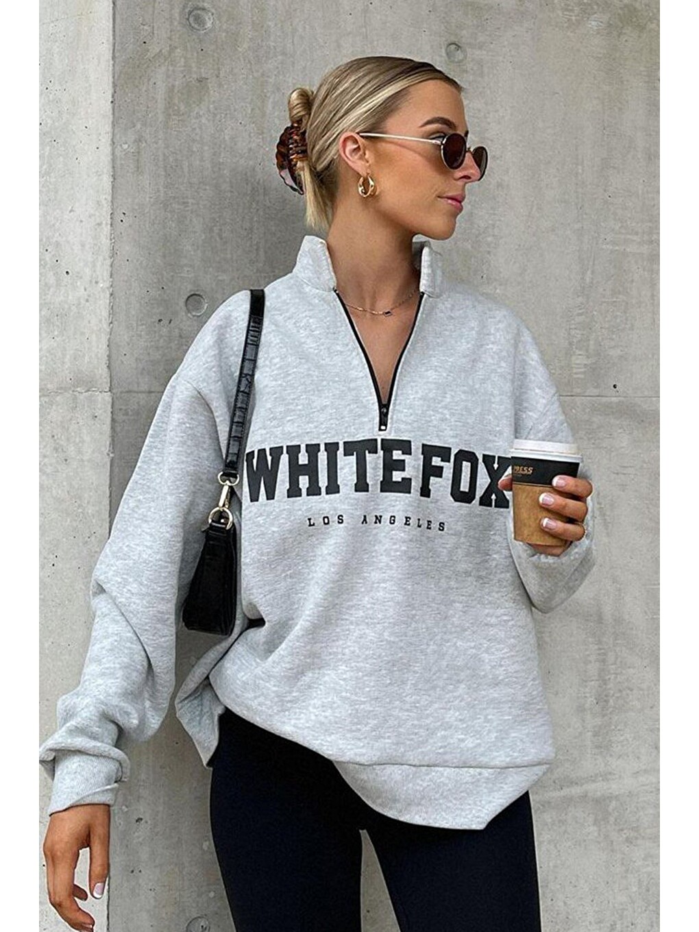 Beyaz Karmelanj Fermuar Detaylı Baskılı Sweatshirt Mg1246