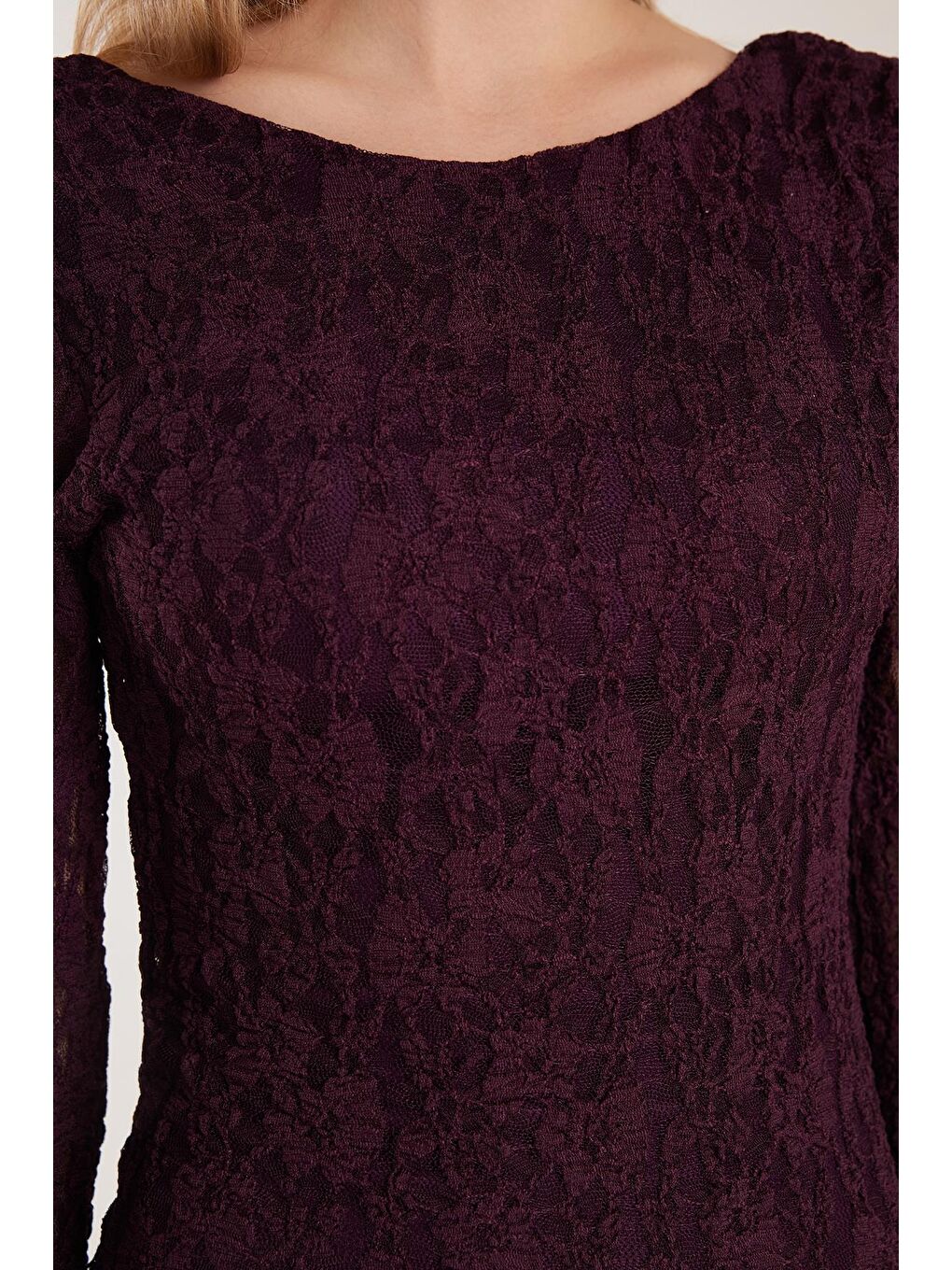 Kadın Slim Fit Dar Kesim Uzun Kollu Sırt Dekolteli Örgü Detaylı Mürdüm Elbise-2