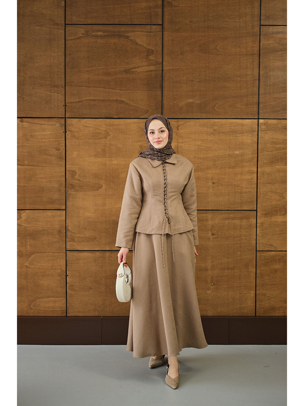 Bej Kadın Bluz Kancalı Nubuk Takım Vizon-1