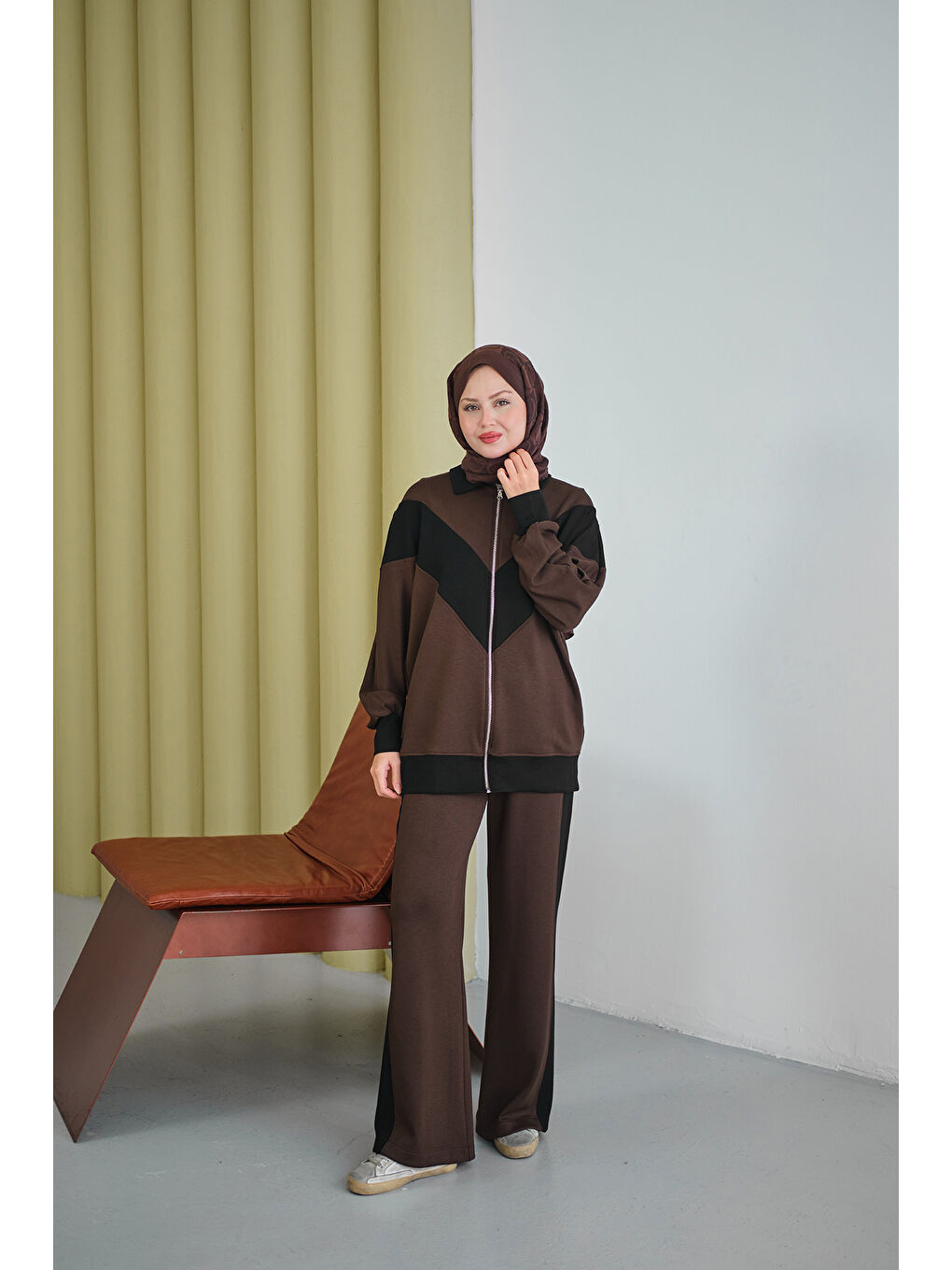 Kadın Çift Renk Detay İkili Takım Kahverengi-2