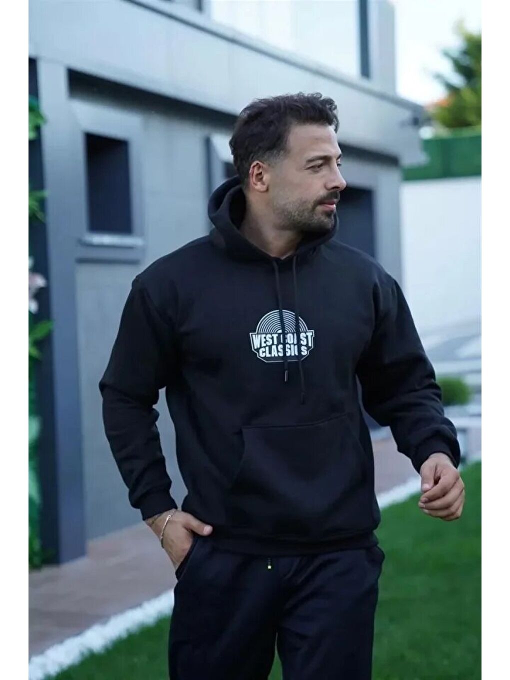 Erkek Sırt Baskılı Kapüşonlu Üç İplik Oversize Sweatshirt - Siyah