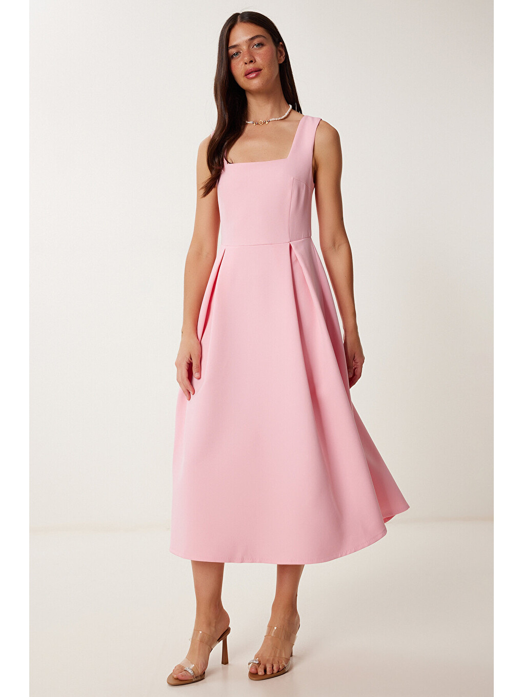 Pembe A Kesim Midi Dokuma Elbise PEMBE LWF0026-2