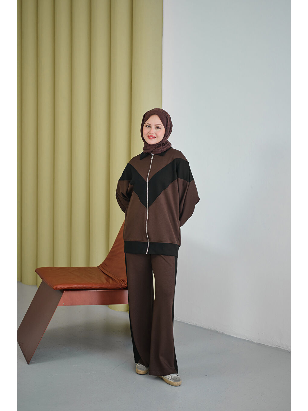 Kadın Çift Renk Detay İkili Takım Kahverengi-3