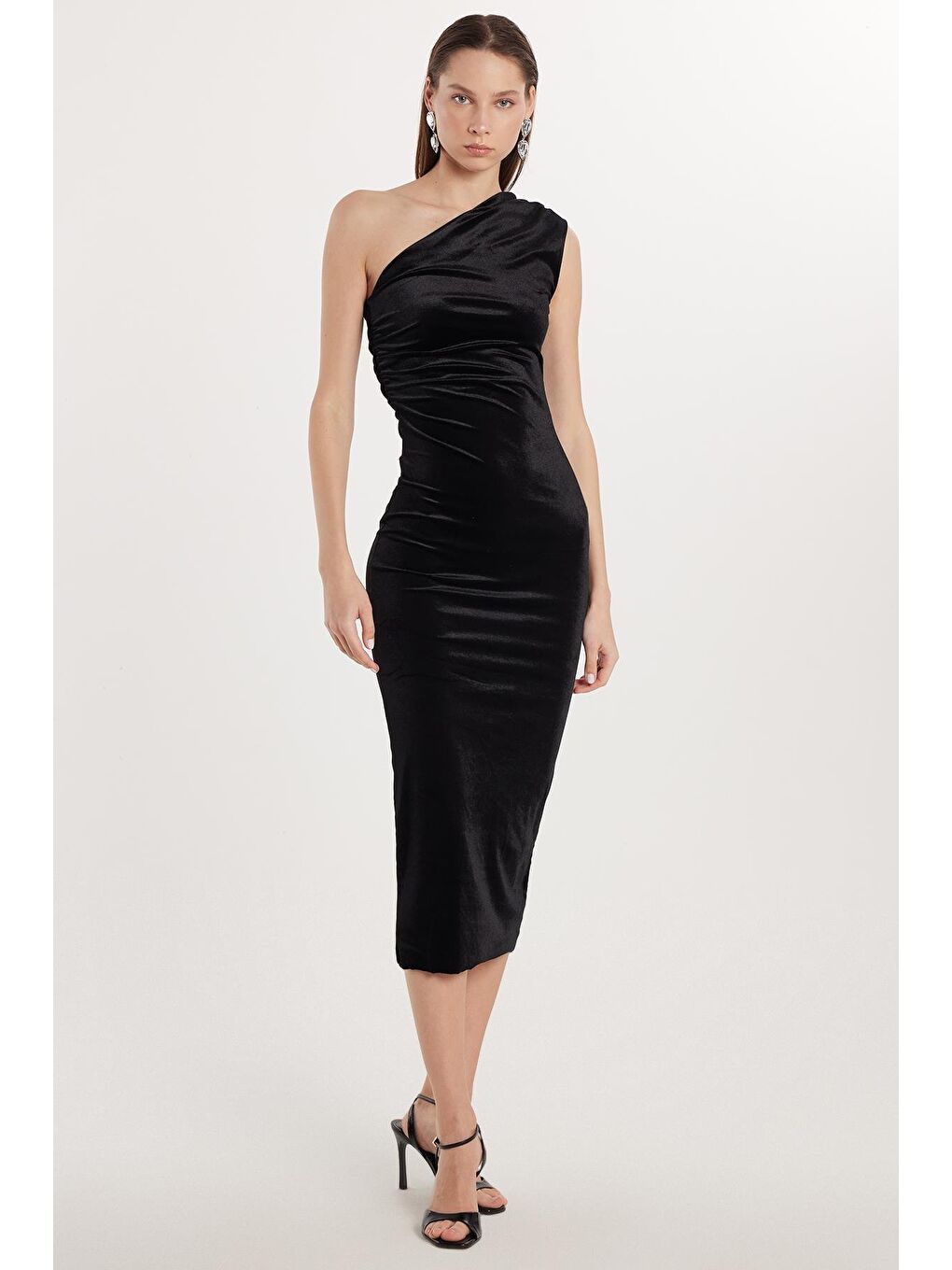 Slim Fit Dar Kesim Tek Omuz Detaylı Midi Boy Siyah Elbise