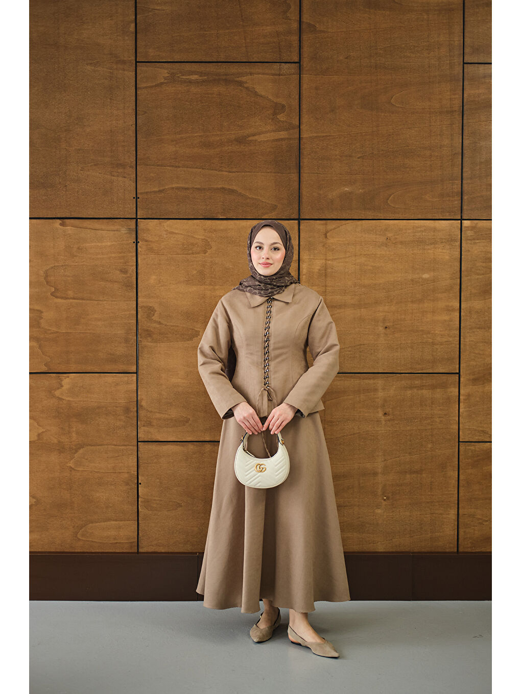 Bej Kadın Bluz Kancalı Nubuk Takım Vizon-2