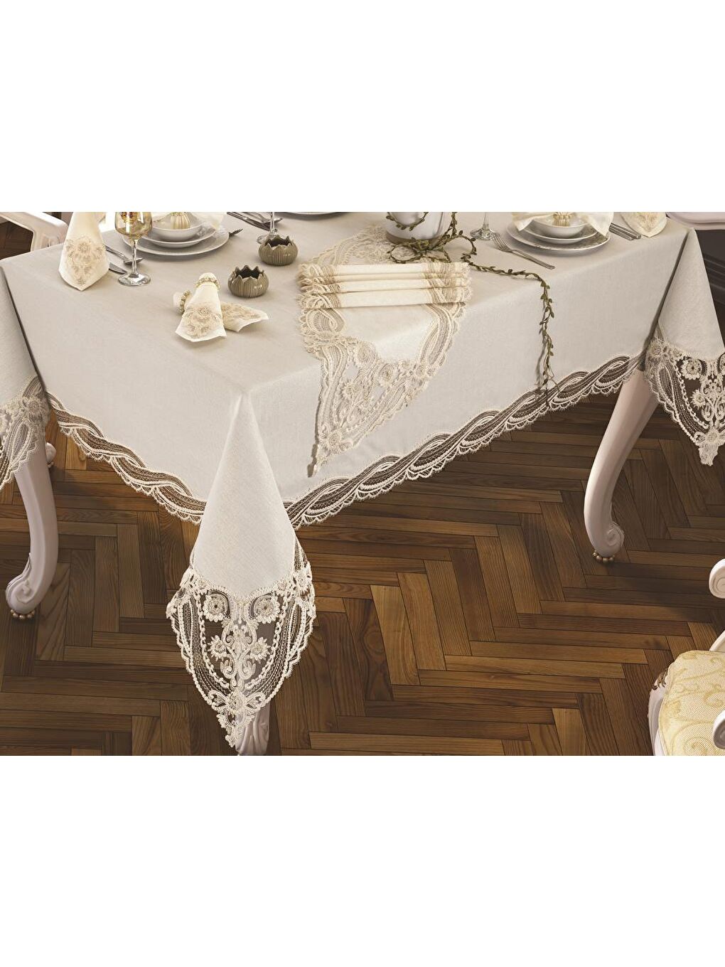 Ekru Gonca Masa Örtüsü 26 Parça Krem-1