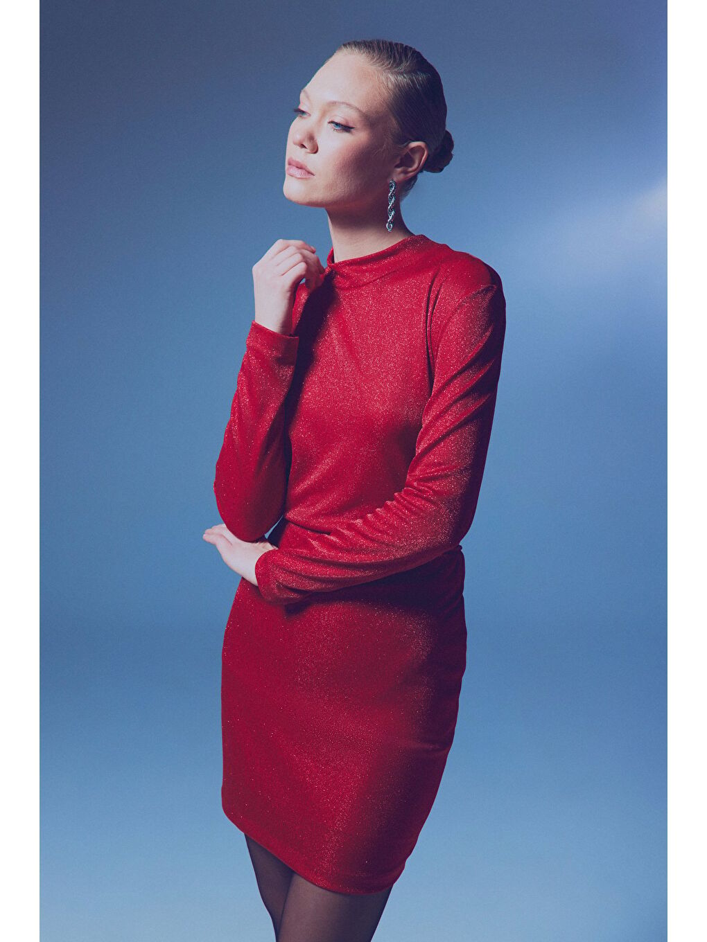 Dik Yaka Simli Bodysuit - Kırmızı-1