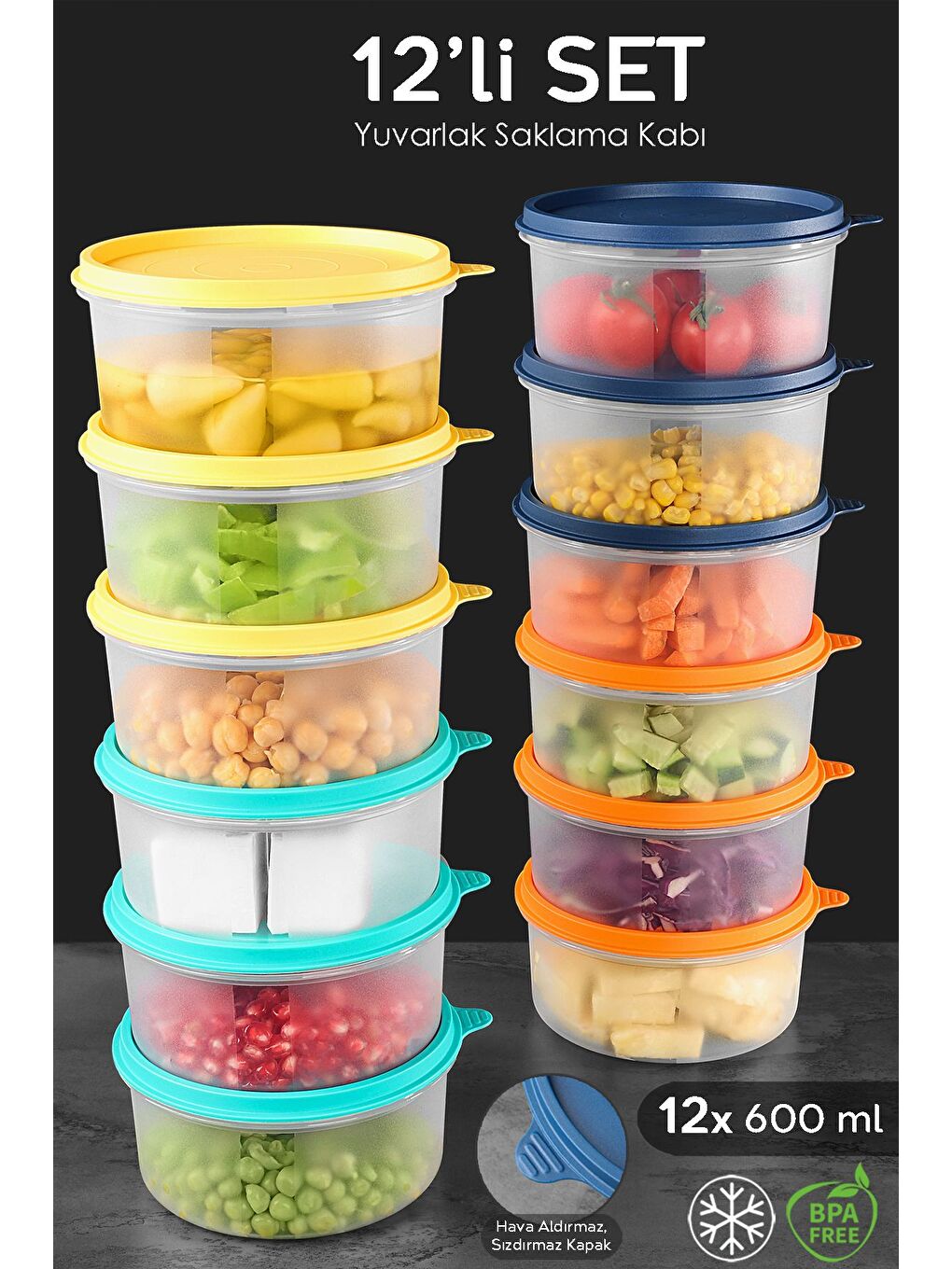 Karışık 12'li Yuvarlak Gıda Saklama Kabı Seti 12x600 ml Renkli