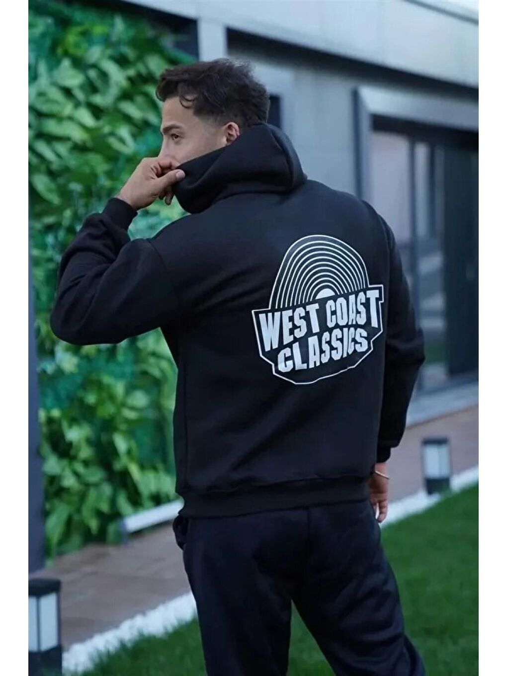 Erkek Sırt Baskılı Kapüşonlu Üç İplik Oversize Sweatshirt - Siyah-3