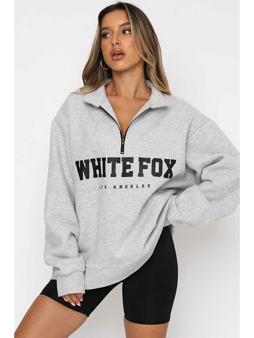 Beyaz Karmelanj Fermuar Detaylı Baskılı Sweatshirt Mg1246-1