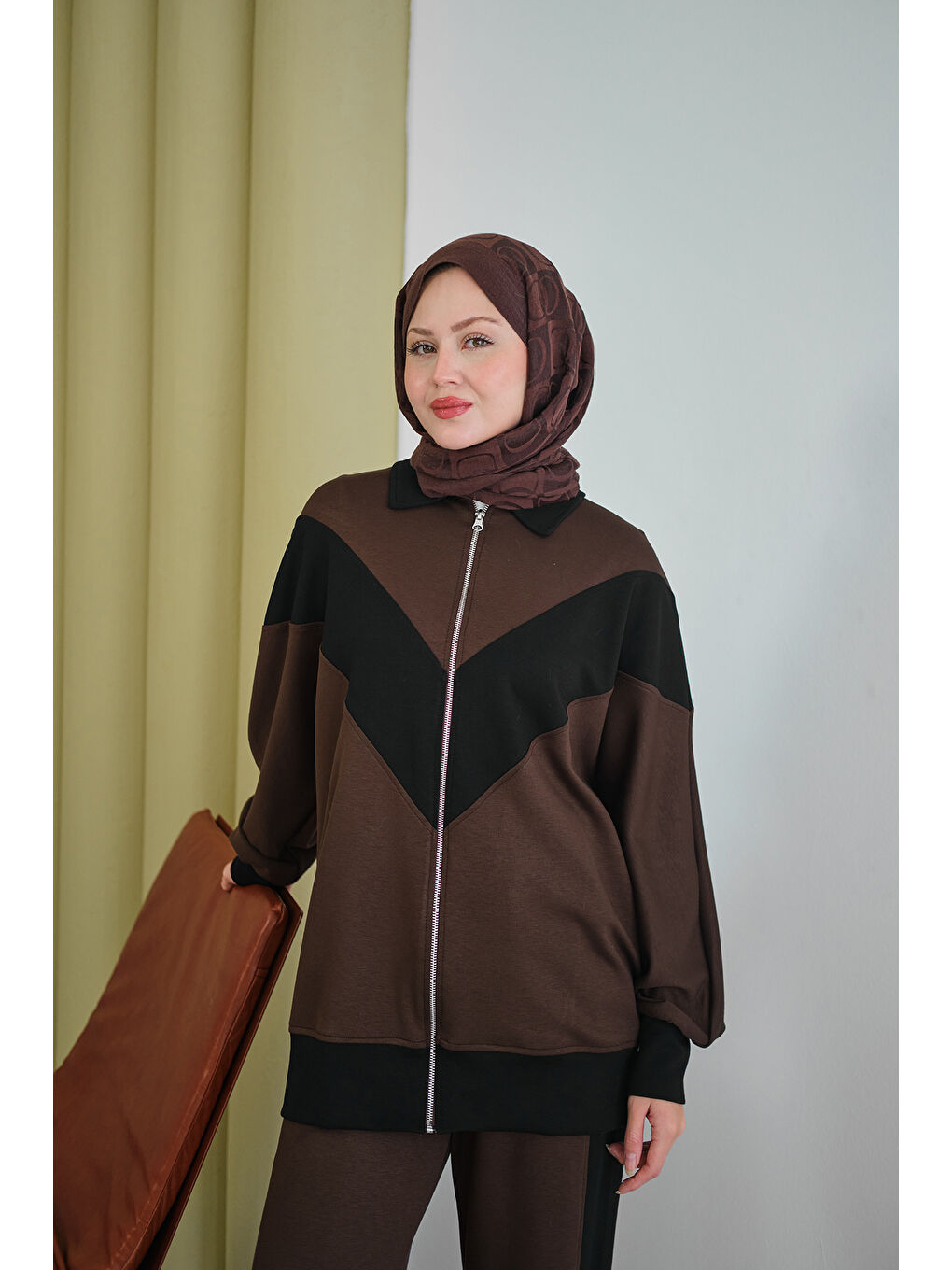 Kadın Çift Renk Detay İkili Takım Kahverengi-4