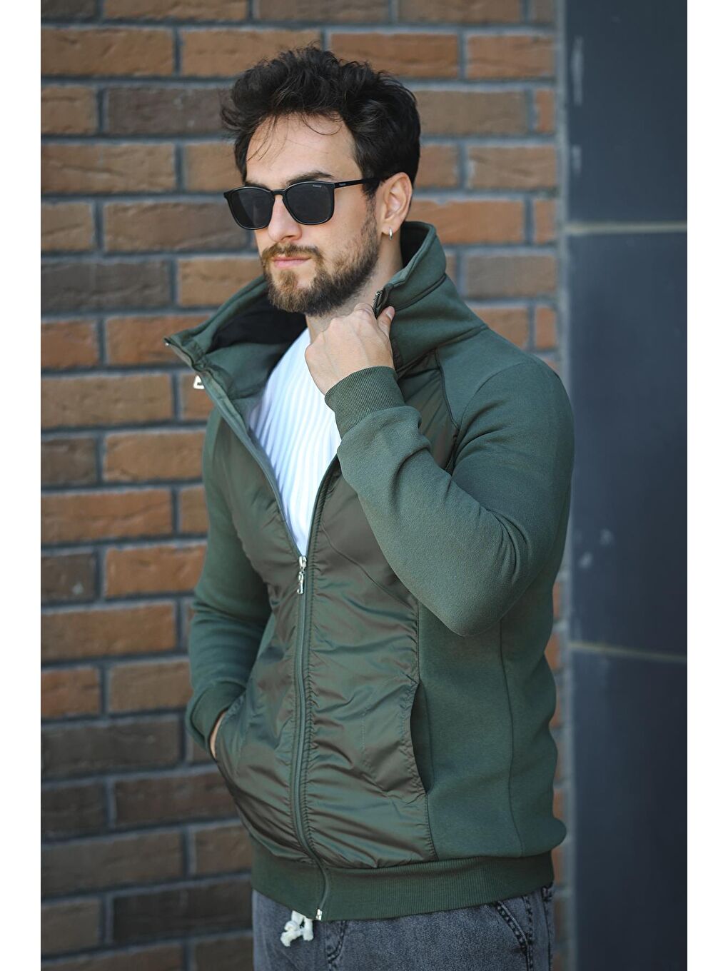 Haki Fokt Üç İp Şardonlu Parça Detaylı Gizli Kapüşonlu Erkek Sweatshirt-2