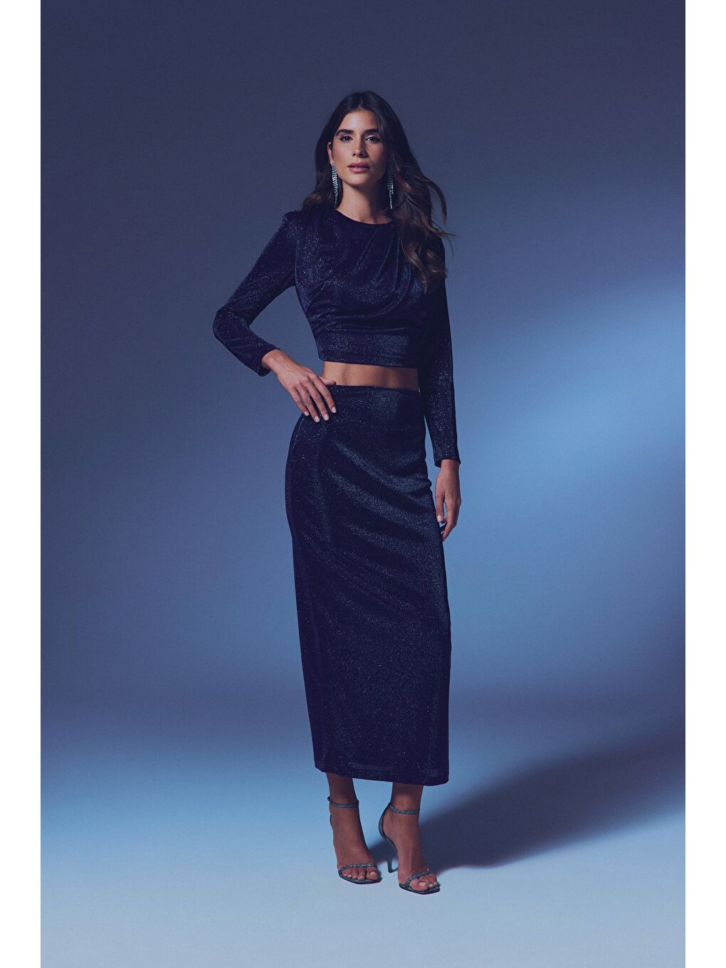 Vatkalı Simli Bluz - Lacivert-2