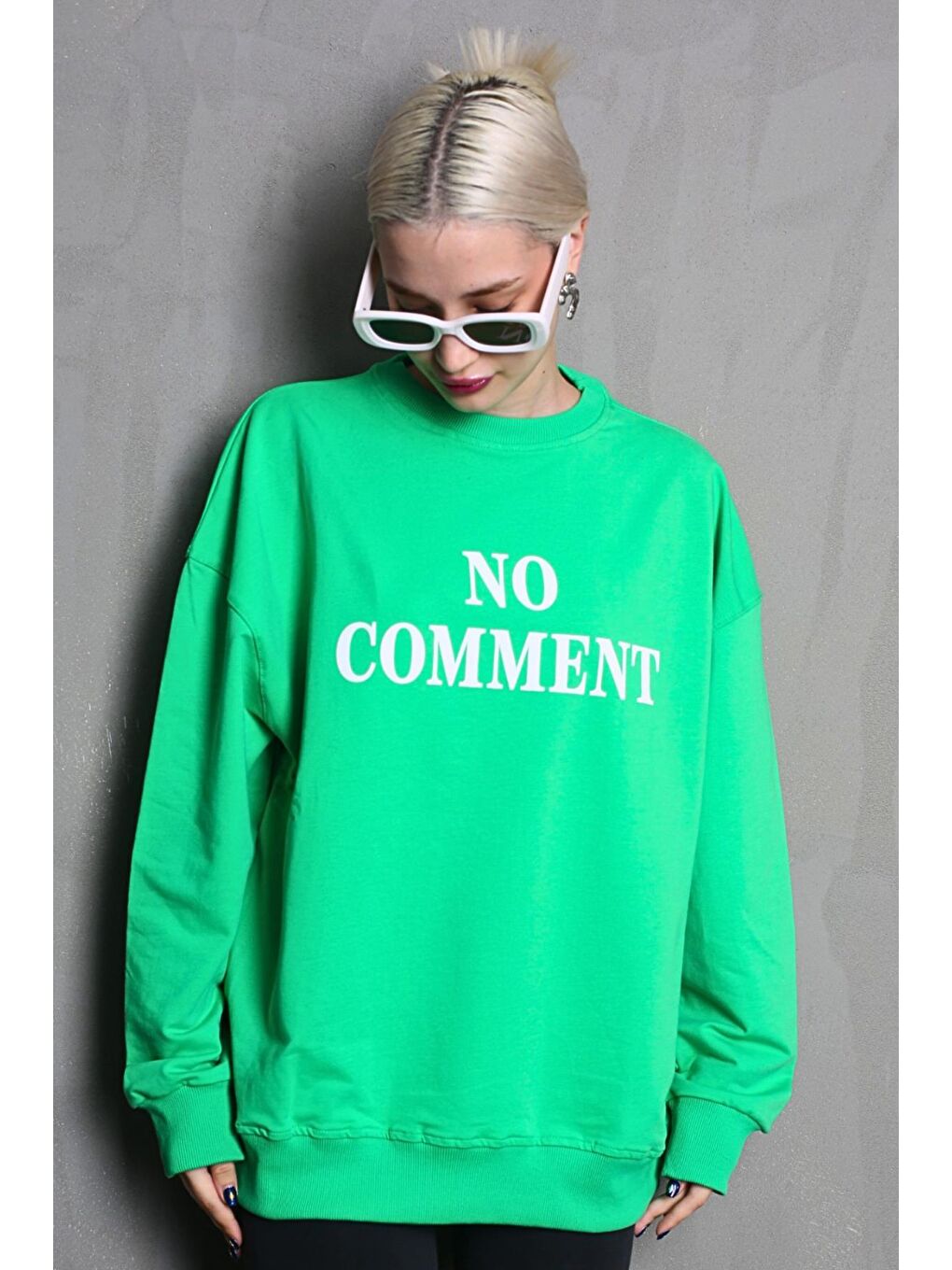 Açık Yeşil Bisiklet Yaka Baskılı Oversize Kadın Sweatshirt Mg1902-1