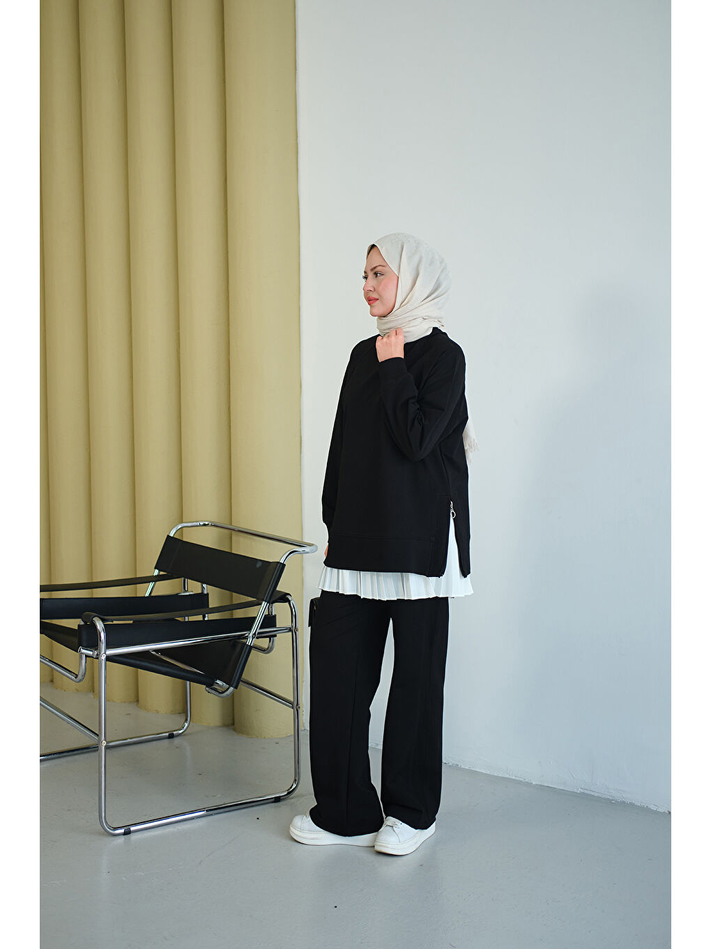 Kadın Yanları Fitilli Fermuarlı Basic Takım Siyah-1