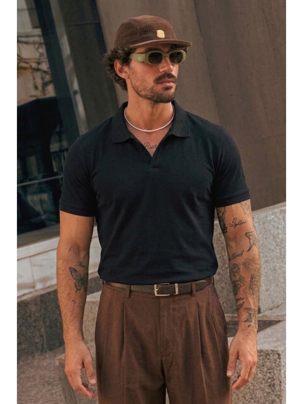 Erkek Polo Yaka %100 Pamuklu Basic Siyah Tişört-5