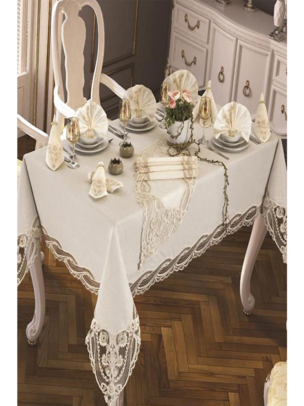 Ekru Gonca Masa Örtüsü 26 Parça Krem-2