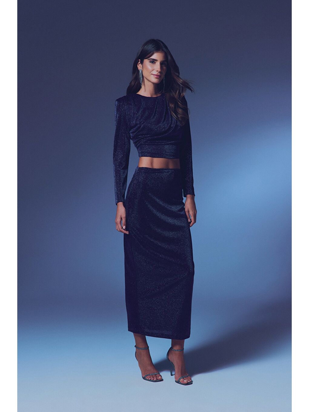 Vatkalı Simli Bluz - Lacivert-3