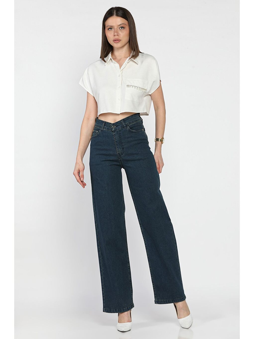 Petrol Yüksek Bel Elastanlı Kadın Palazzo Jean Jean Pantolon-1