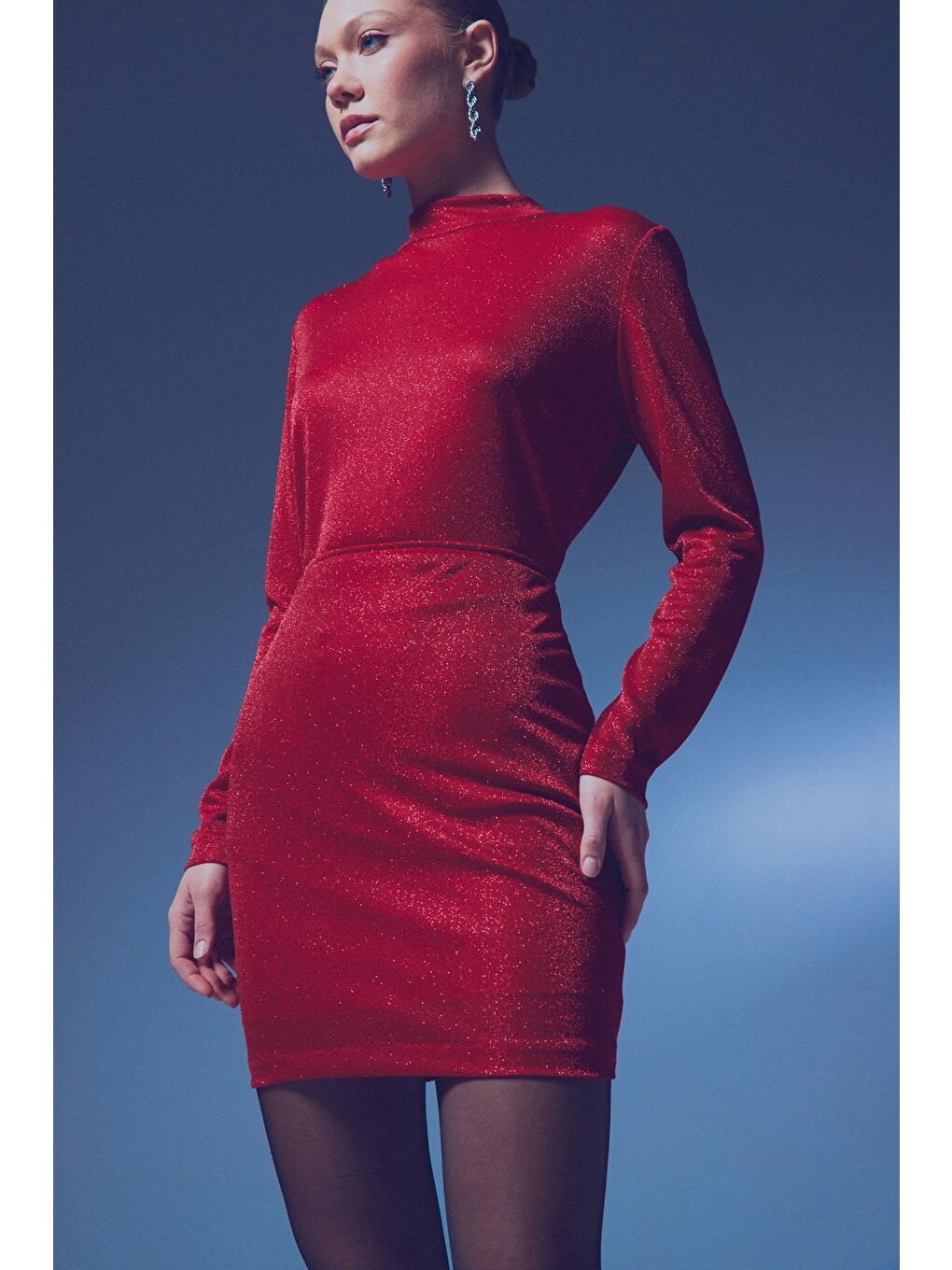 Dik Yaka Simli Bodysuit - Kırmızı-3