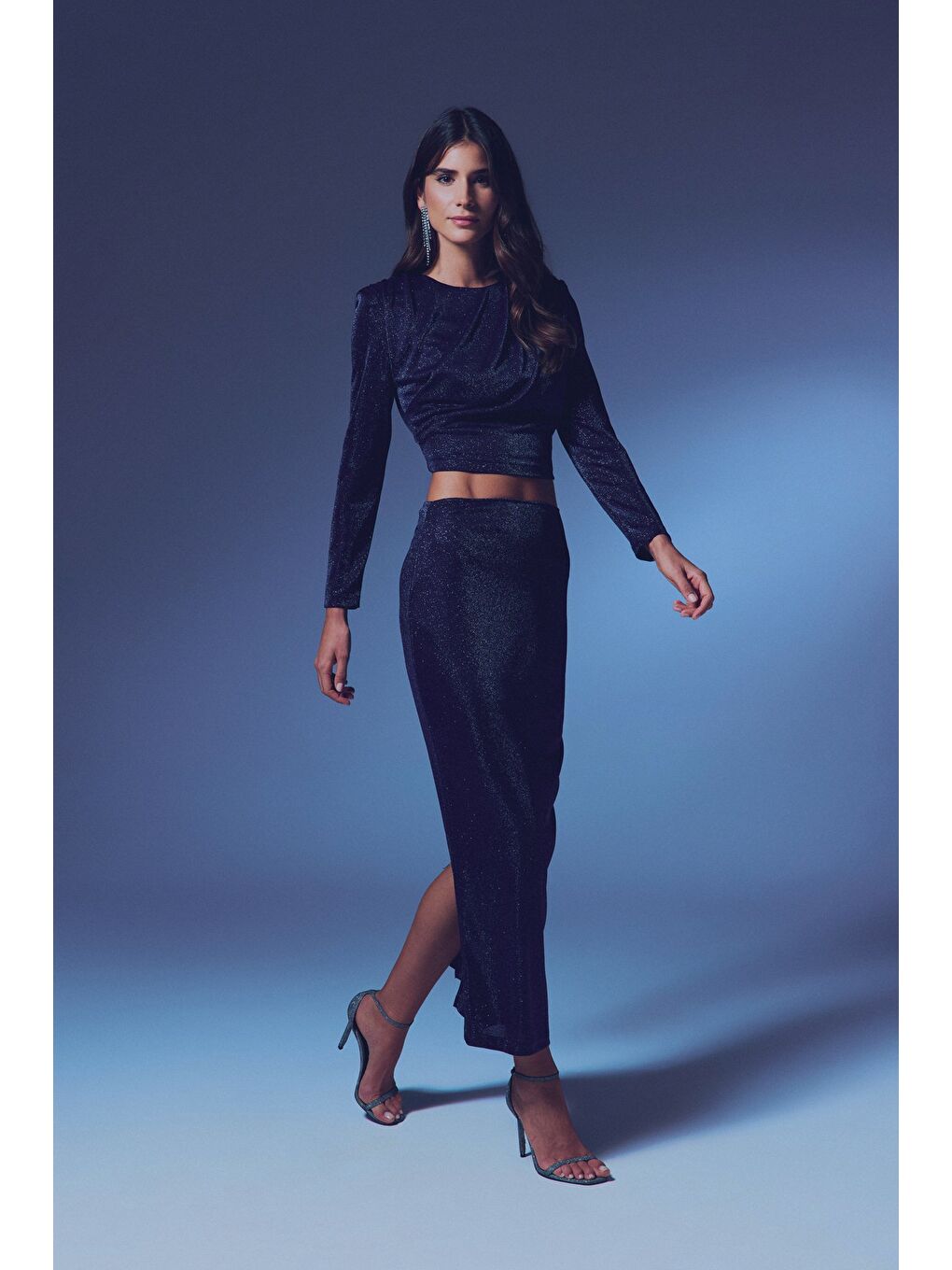 Vatkalı Simli Bluz - Lacivert-4