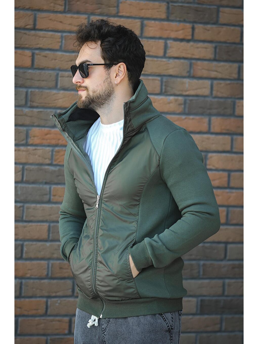 Haki Fokt Üç İp Şardonlu Parça Detaylı Gizli Kapüşonlu Erkek Sweatshirt-3