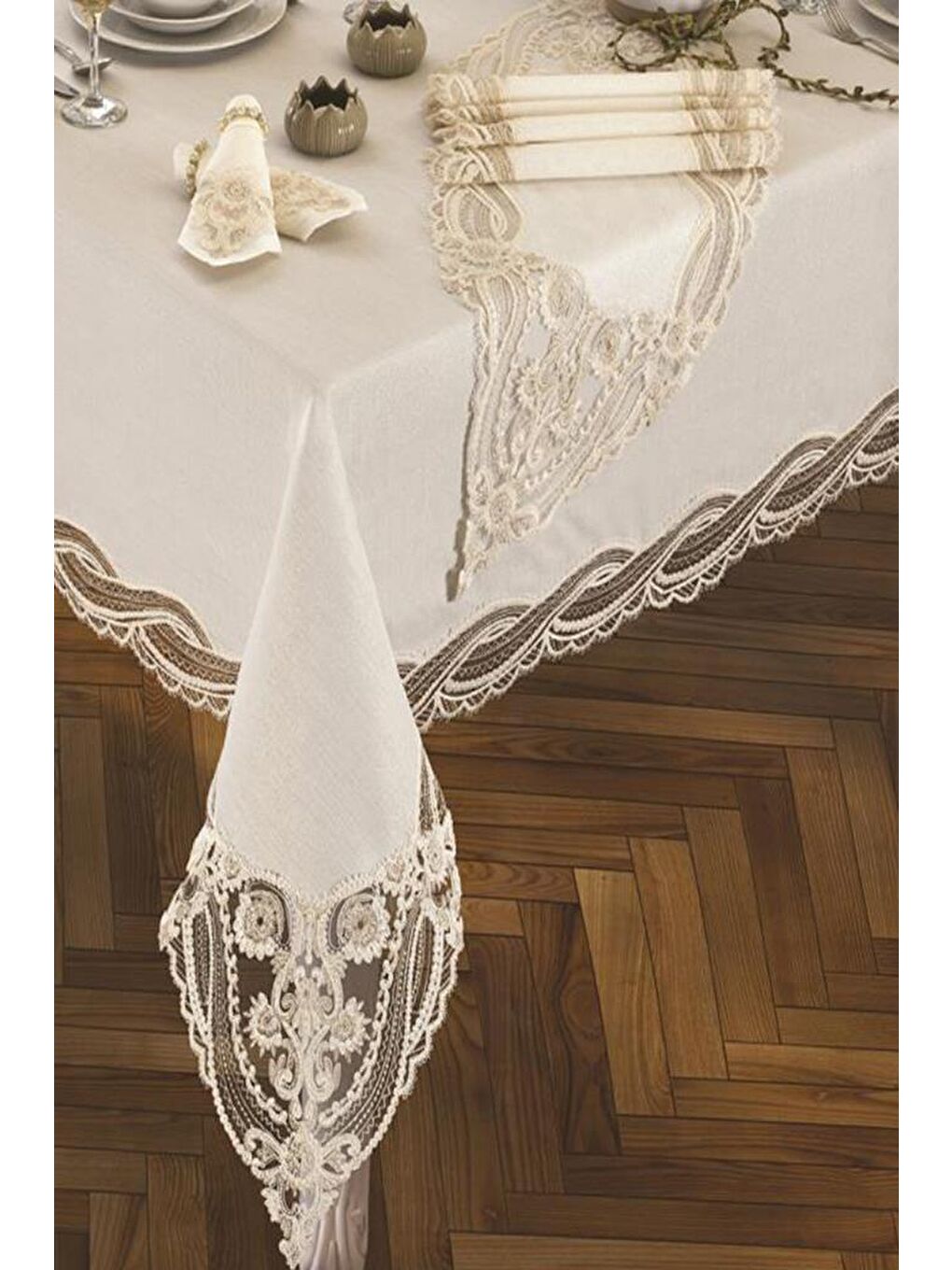 Ekru Gonca Masa Örtüsü 26 Parça Krem-3