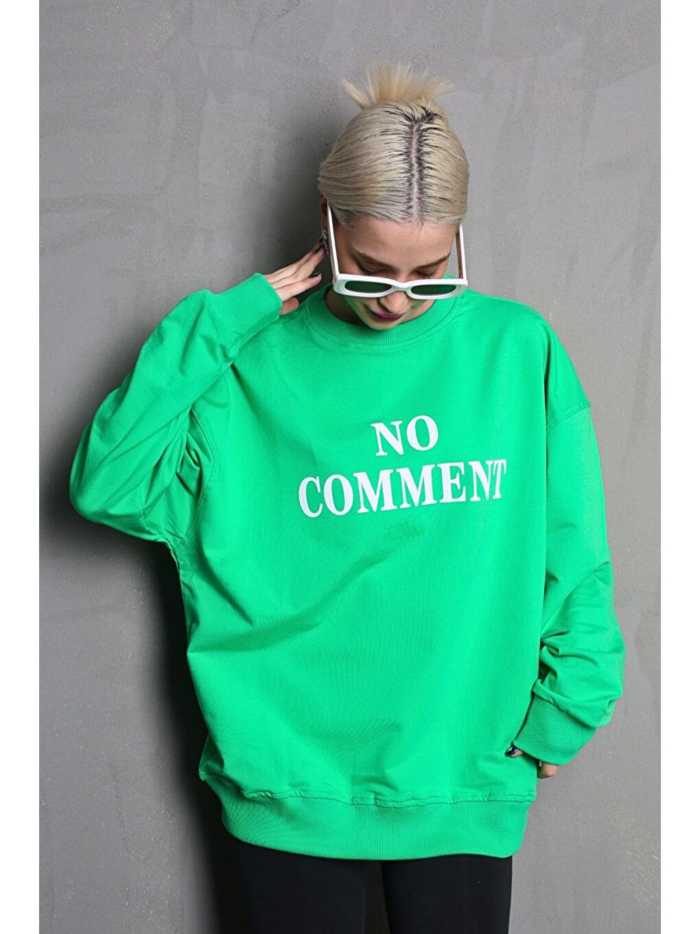 Açık Yeşil Bisiklet Yaka Baskılı Oversize Kadın Sweatshirt Mg1902-2