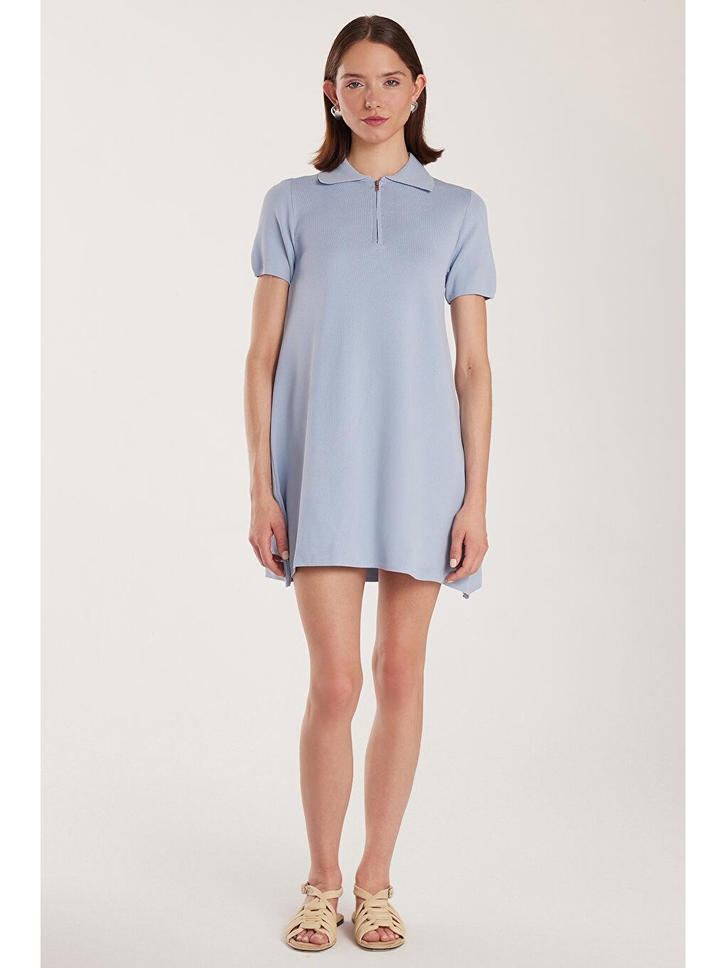 Kadın Standart Fit Kısa Kollu Fermuarlı Gömlek Yaka Mavi Elbise