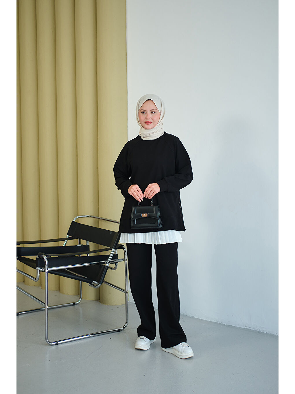 Kadın Yanları Fitilli Fermuarlı Basic Takım Siyah-2