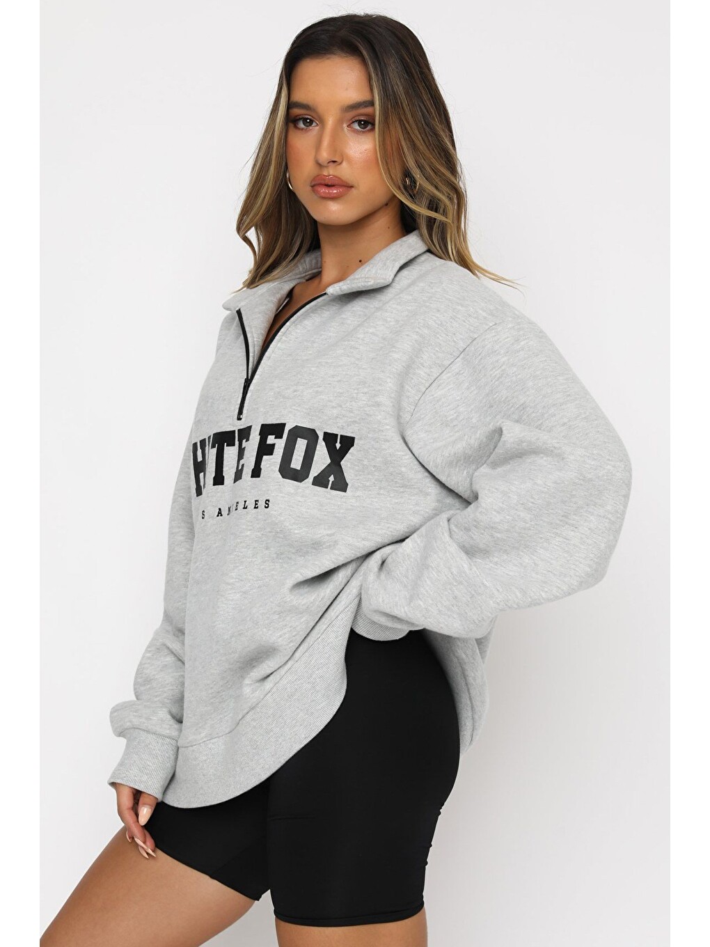 Beyaz Karmelanj Fermuar Detaylı Baskılı Sweatshirt Mg1246-2