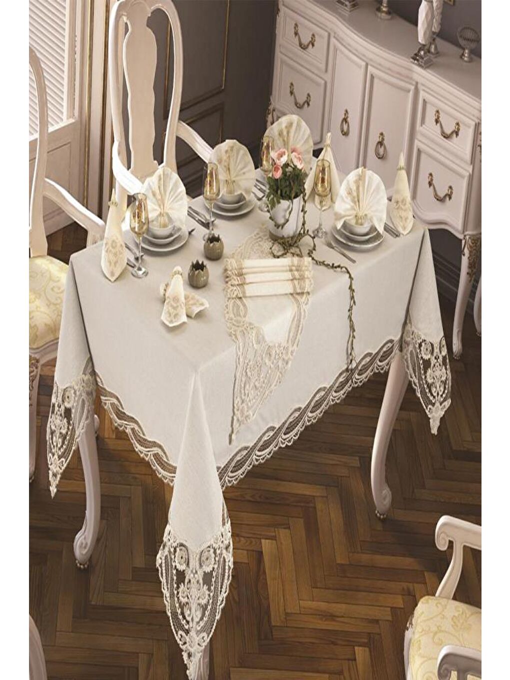 Ekru Gonca Masa Örtüsü 26 Parça Krem-4