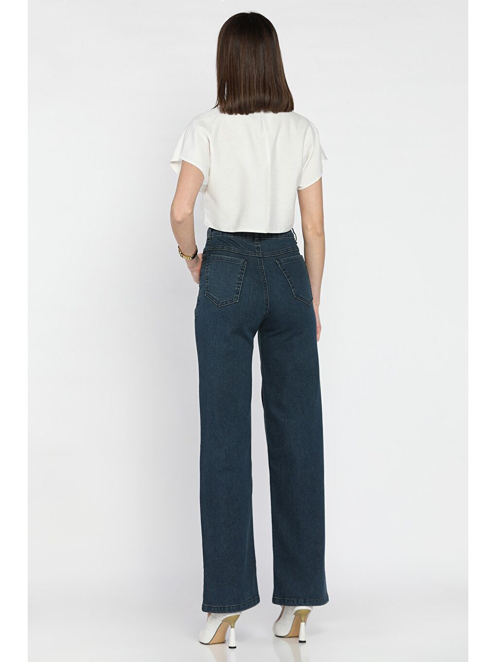Petrol Yüksek Bel Elastanlı Kadın Palazzo Jean Jean Pantolon-2