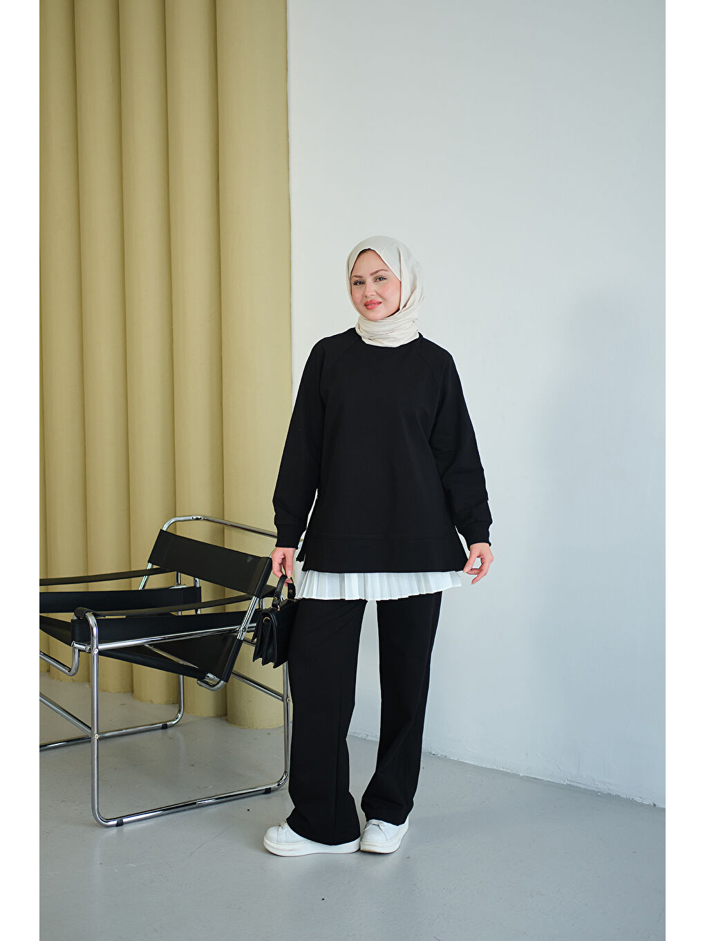 Kadın Yanları Fitilli Fermuarlı Basic Takım Siyah-3