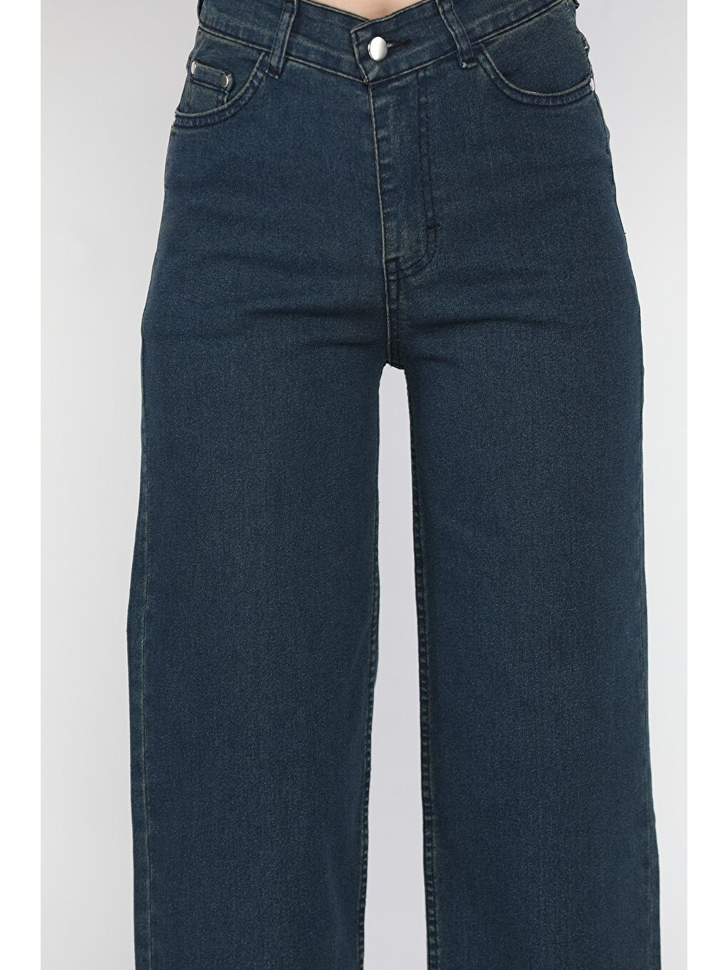 Petrol Yüksek Bel Elastanlı Kadın Palazzo Jean Jean Pantolon-3