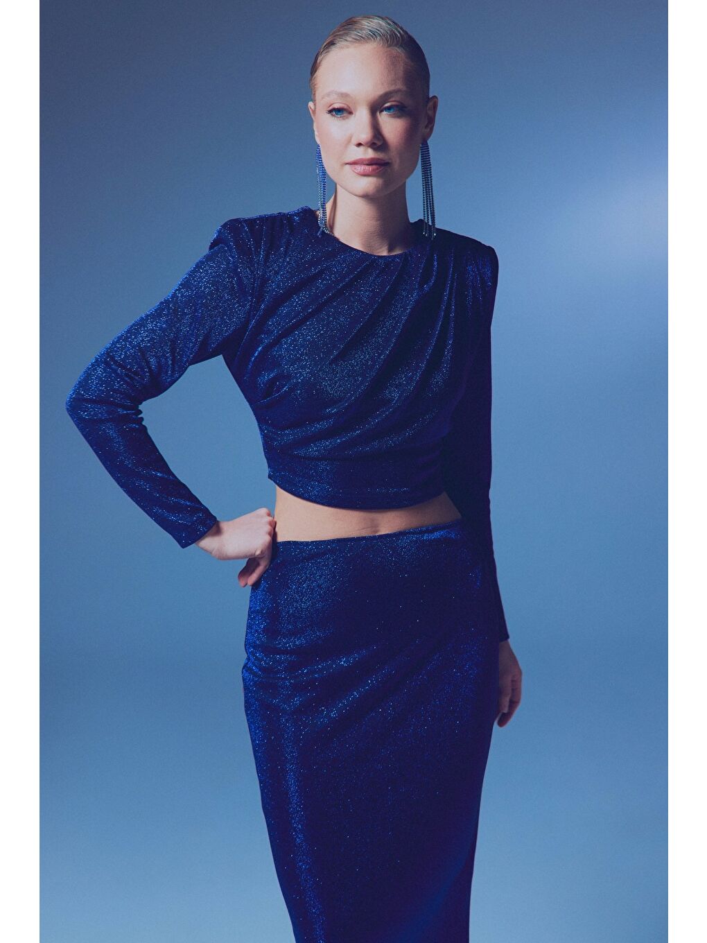 Vatkalı Simli Bluz - Sax Mavi