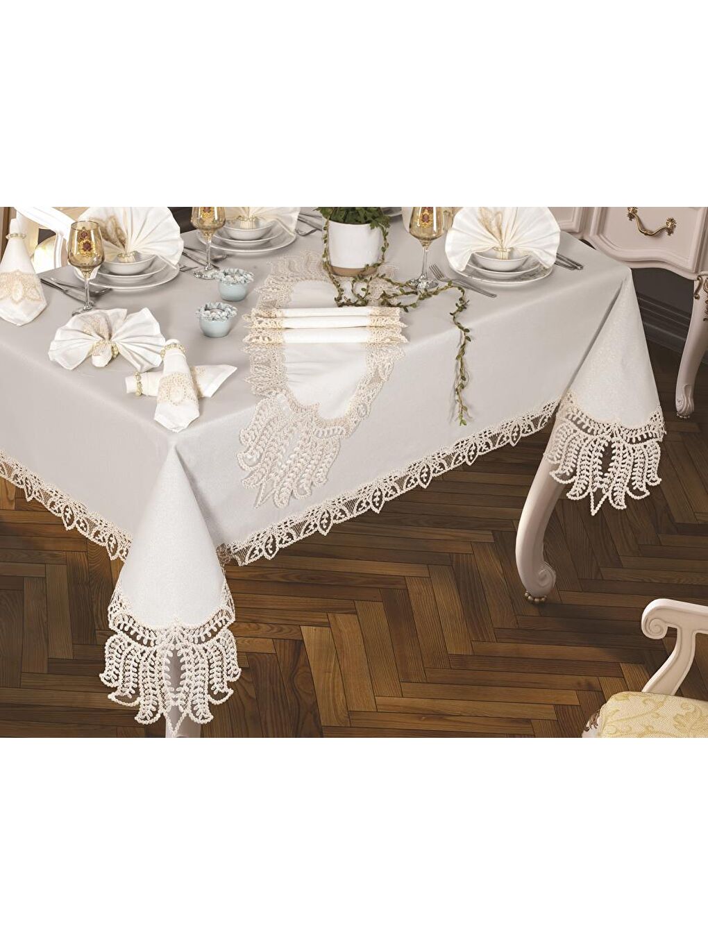 Ekru Grape Masa Örtüsü 26 Parça Krem-1