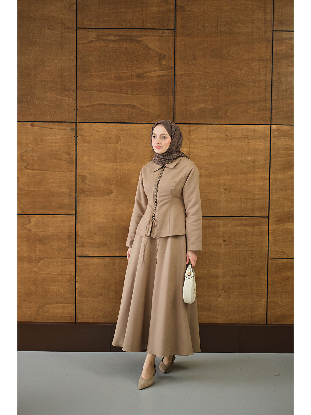 Bej Kadın Bluz Kancalı Nubuk Takım Vizon-4