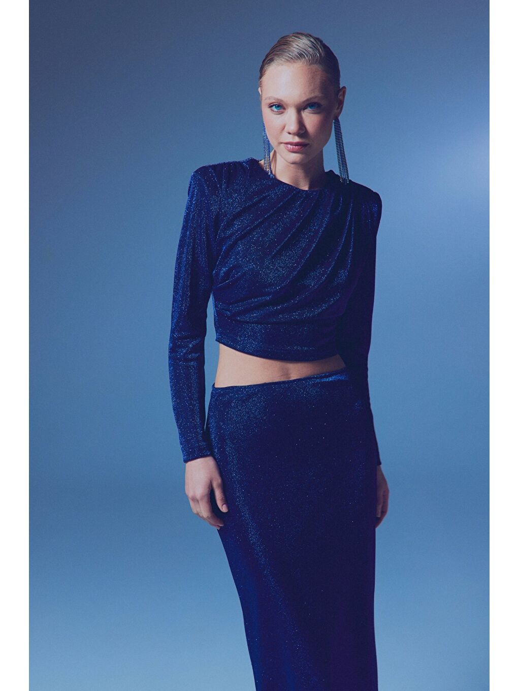 Vatkalı Simli Bluz - Sax Mavi-1