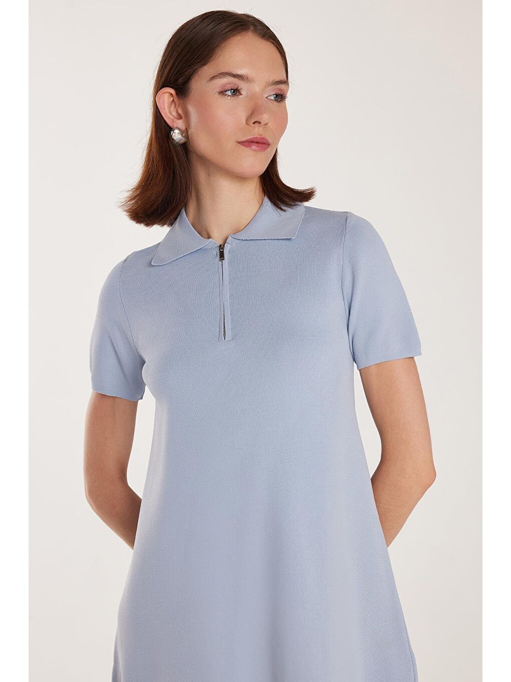 Kadın Standart Fit Kısa Kollu Fermuarlı Gömlek Yaka Mavi Elbise-1