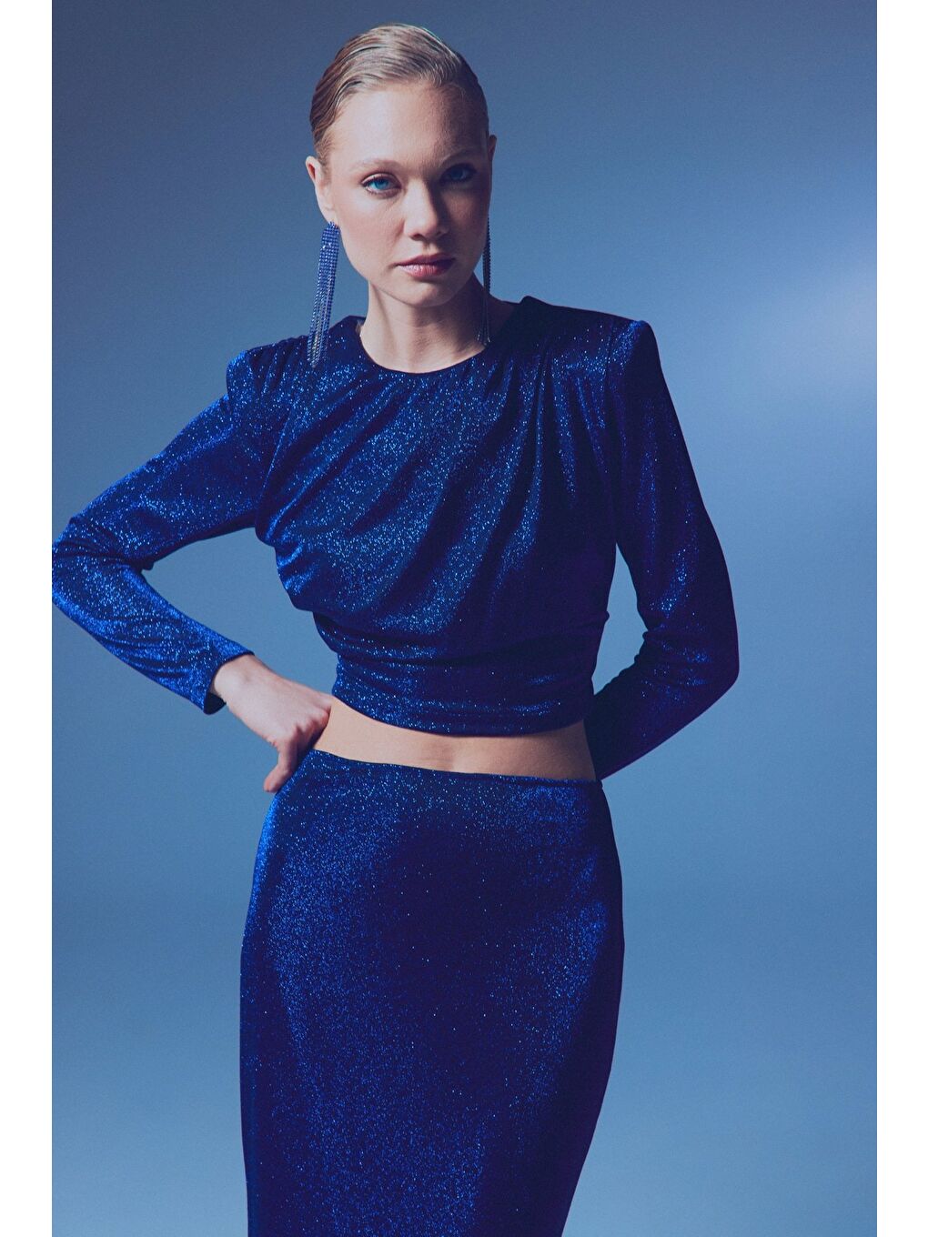 Vatkalı Simli Bluz - Sax Mavi-2