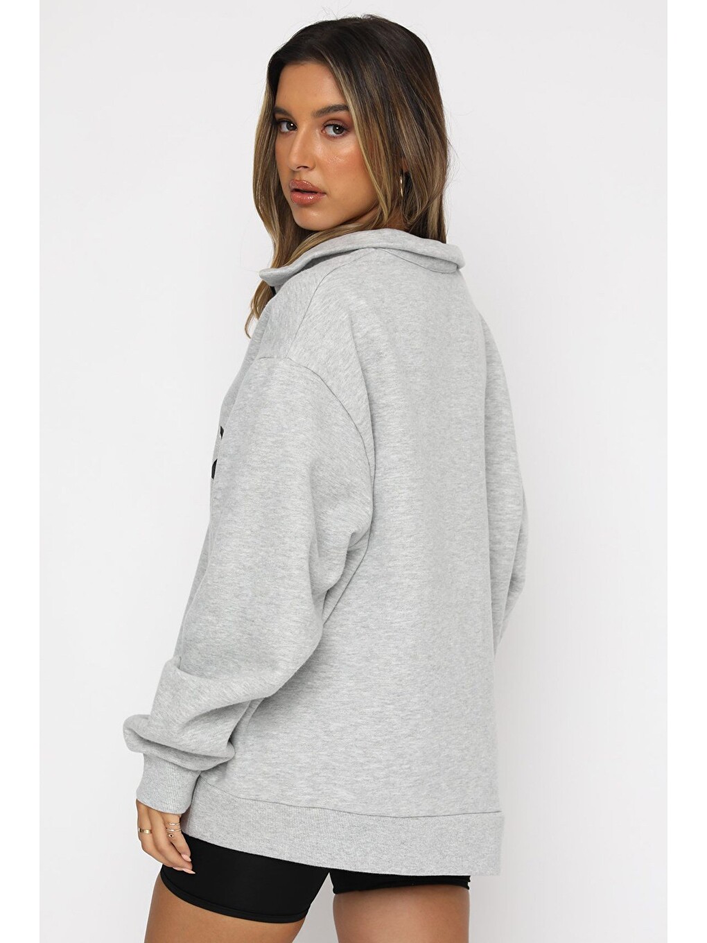 Beyaz Karmelanj Fermuar Detaylı Baskılı Sweatshirt Mg1246-3