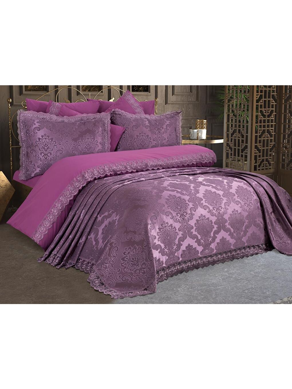 Karışık Fransız Dantelli Lalezar Gelin Seti 7 Parça Mürdüm