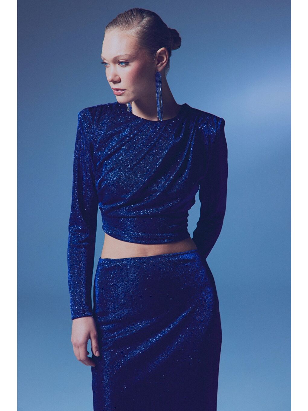 Vatkalı Simli Bluz - Sax Mavi-3