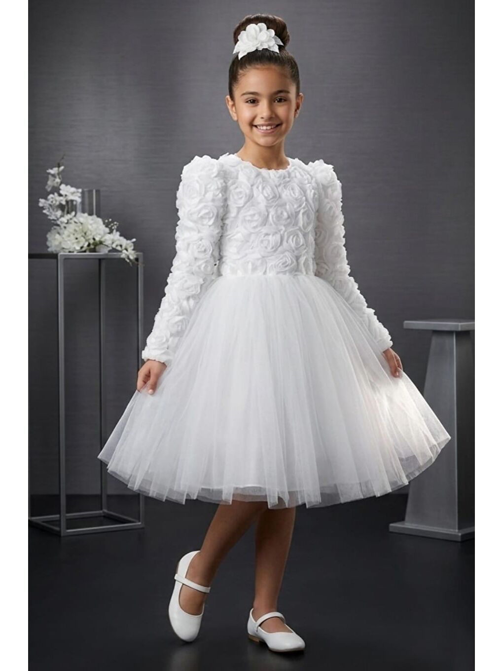 Beyaz Luvia Uzun Kol Kız Tütü Abiye Elbise M00810